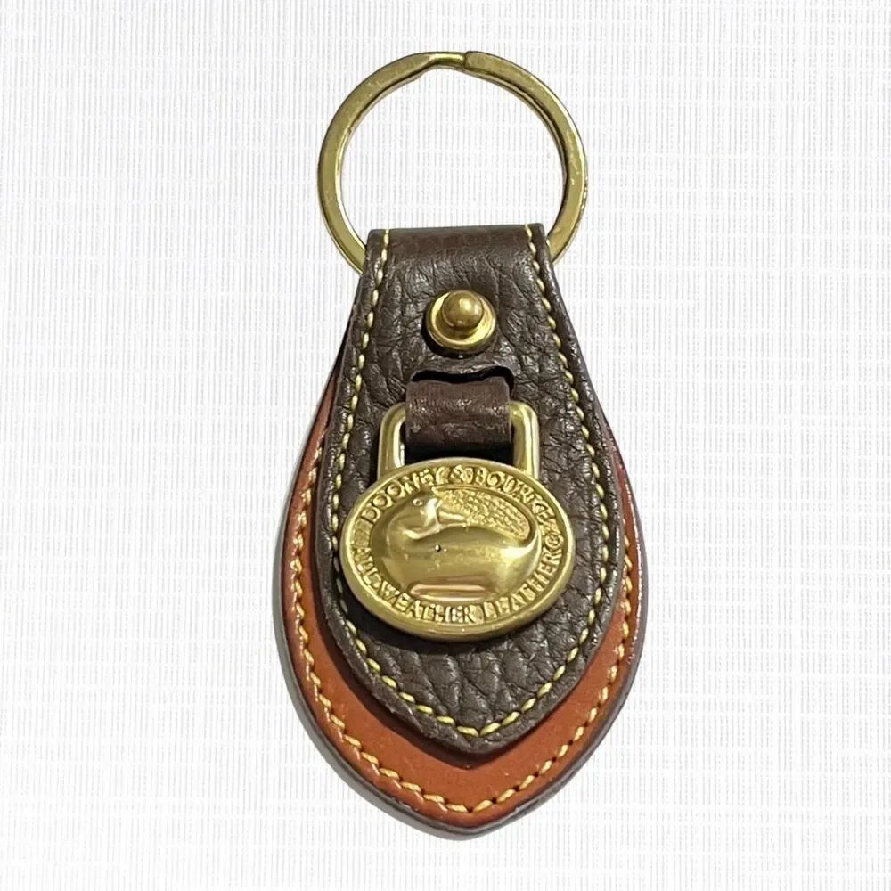 VTG Dooney and Bourke Key Ring Fob Brown 2 Tone All Weather Leather Brass Duck